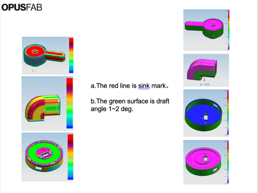 Injection molded part simulations highlighting sink marks in red and a 1 to 2 degree draft angle in green