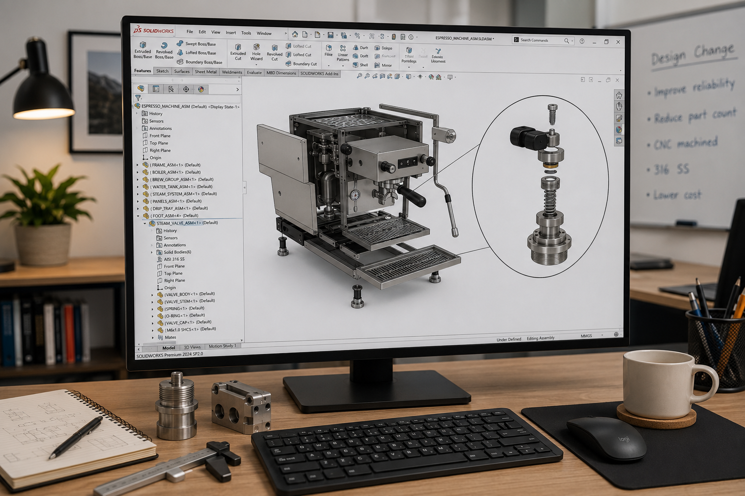 Engineer reviewing a CAD model in SolidWorks on a clean desk setup