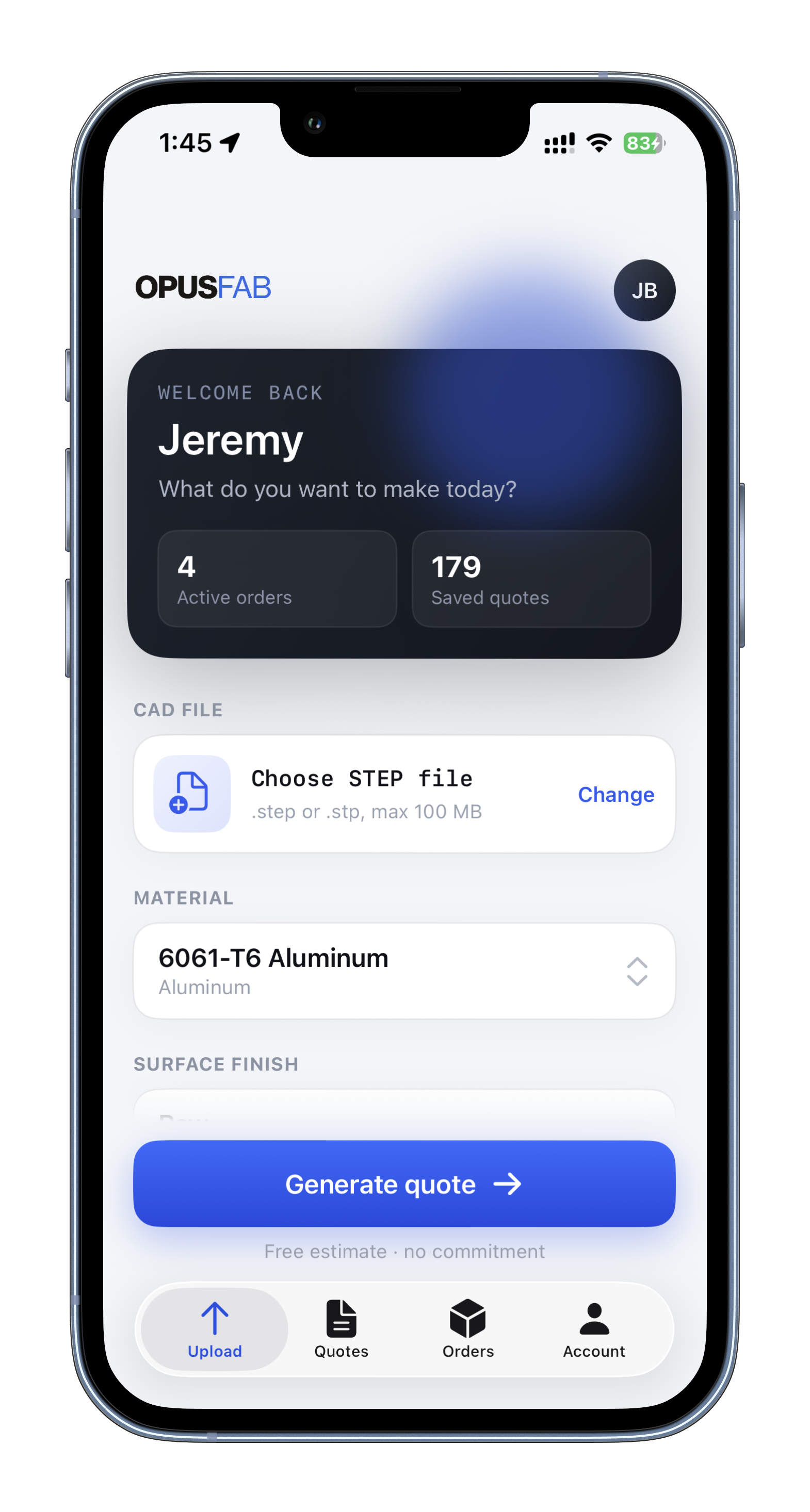 OpusFab app screen showing an instant CNC quote generated in seconds